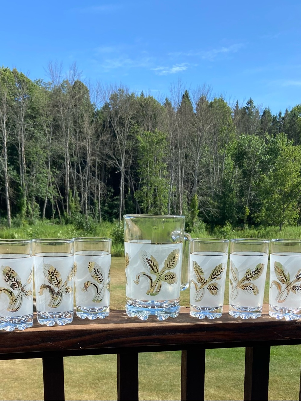 Vintage Masserini Italy White & Gold Glass Tumblers Set of 6 With Pitcher